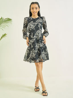 Luyk - Black Floral Party Knee Length Dress