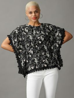 SHOWOFFFF - Womens Half Sleeves Round Neck Black Printed Top