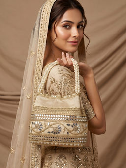 ADIVA - Beige Fabric Embellished Pearl Beaded Handbag for Wedding Wear