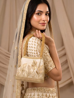 ADIVA - Beige Fabric Embroidered Pearl Beaded Handbag for Wedding Wear