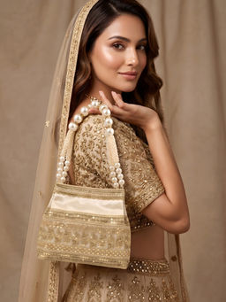 ADIVA - Beige Fabric Sequin Embroidered Pearl Beaded Handbag Festive Wear