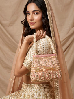 ADIVA - Pink Fabric Mirror Work Pearl Beaded Handbag for Wedding Wear