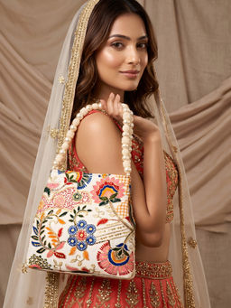 ADIVA - White Fabric Multi-Colour Embroidered Pearl Beaded Handbag Wedding Wear