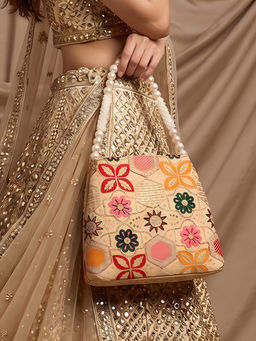 ADIVA - Beige Fabric Multi-Colour Floral Embroidered Pearl Handbag Wedding Wear
