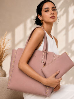 Yelloe - Pink Embellished Solid Tote Bag with Pouch (Pack of 2)