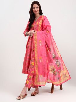 Yufta - Women Floral Pink Anarkali Kurta with Pant and Dupatta