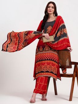Yufta - Women Printed Red Kurta with Palazzo and Dupatta
