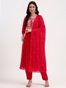 Yufta - Women Chanderi Embellished Red Kurta with Pant and Dupatta