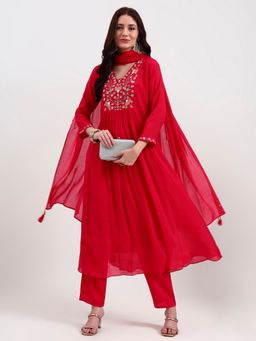 Yufta - Women Embellished Red Kurta with Pant and Dupatta