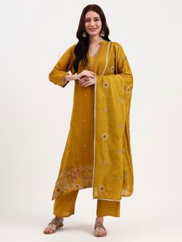 Yufta - Women Embroidered Mustard Color Kurta with Pant and Dupatta