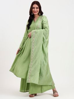 Yufta - Women Embroidered Green Anarkali Kurta with Palazzo and Dupatta