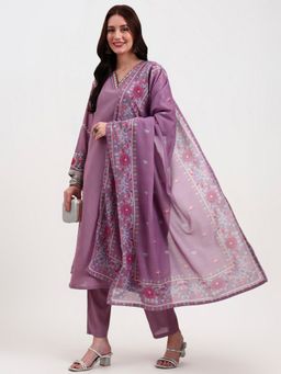 Yufta - Women Solid Lavender Anarkali Kurta with Pant and Dupatta