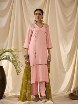 STADO - Women Embroidered Pink Kurta with Pant and Dupatta