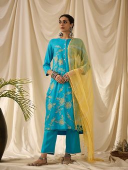 STADO - Women Rayon Embroidered Blue Kurta with Pant and Dupatta