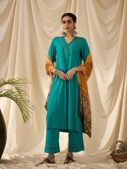 STADO - Women Solid Turquoise Kurta with Pant and Dupatta