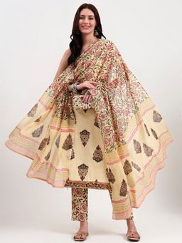 Yufta - Women Floral Beige Kurta with Pant and Dupatta
