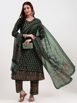 Yufta - Women Cotton Floral Green Kurta with Pant and Dupatta