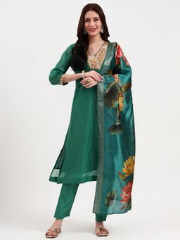 Yufta - Women Embroidered Green Kurta with Pant and Dupatta
