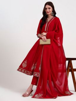 Yufta - Women Silk Embroidered Red Anarkali Kurta with Pant and Dupatta