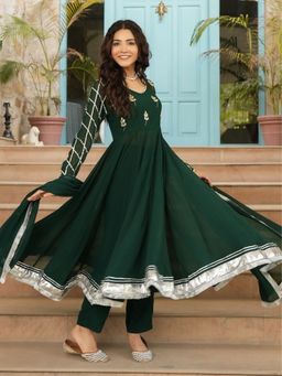 Asheera - Georgette Green Gota Hand Work Anarkali Kurta with Pant and Dupatta