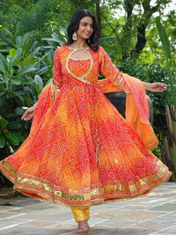 Asheera - Prisha Orange Ombre Bandhani Anarkali Kurta with Pant and Dupatta