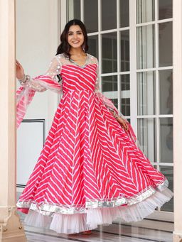 Asheera - Pink Lehriya Anarkali Kurta with Pant and Dupatta