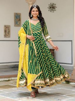 Asheera - Heena Green Lehriya Anarkali Kurta with Pant and Dupatta