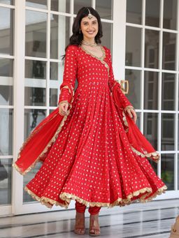 Asheera - Karwa Chauth Red Jacquard Angarkha Kurta with Churidar and Dupatta