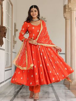 Asheera - Orange Chanderi Jacquard Anarkali Kurta with Pant and Dupatta