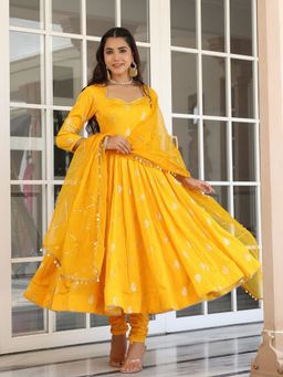 Asheera - Yellow Chanderi Jacquard Anarkali Kurta with Pant and Dupatta
