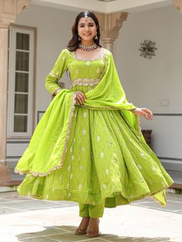 Asheera - Green Chanderi Jacquard Anarkali Kurta with Pant and Dupatta