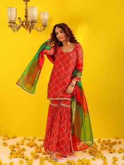Asheera - Red Bandhani Sequin Lace Work Kurta with Sharara and Dupatta