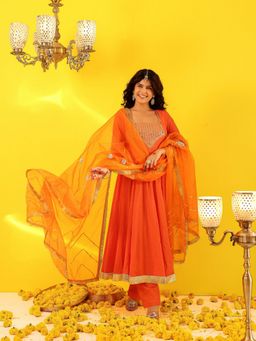 Asheera - Orange Cotton Gota Work Anarkali Kurta with Pant and Dupatta