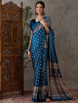 Odette - Women Teal Blue Silk Blend Printed Elegant Saree with Unstitched Blouse