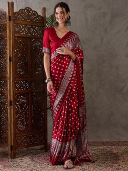 Odette - Women Red Silk Blend Printed Elegant Saree with Unstitched Blouse
