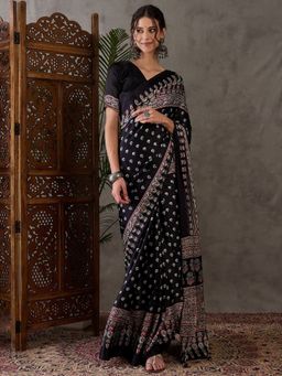Odette - Women Black Silk Blend Printed Elegant Saree with Unstitched Blouse