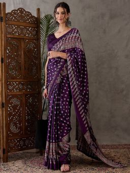 Odette - Women Purple Silk Blend Printed Elegant Saree with Unstitched Blouse