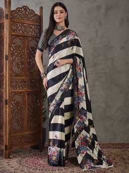 Odette - Women Black Silk Blend Printed Elegant Saree with Unstitched Blouse