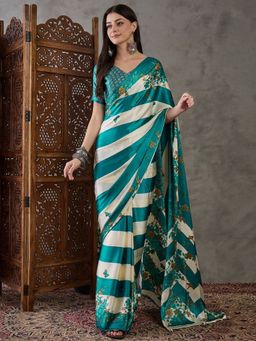 Odette - Women Teal Silk Blend Printed Elegant Saree with Unstitched Blouse