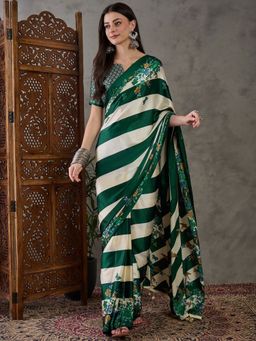 Odette - Women Green Silk Blend Printed Elegant Saree with Unstitched Blouse