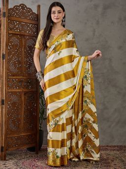 Odette - Women Gold Silk Blend Printed Elegant Saree with Unstitched Blouse