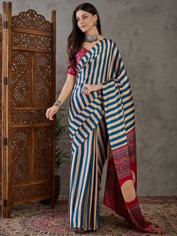 Odette - Women Sky Blue Silk Blend Printed Elegant Saree with Unstitched Blouse