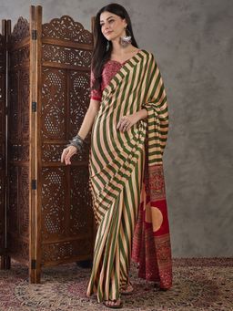 Odette - Women Olive Silk Blend Printed Elegant Saree with Unstitched Blouse