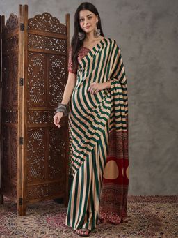Odette - Women Green Silk Blend Printed Elegant Saree with Unstitched Blouse