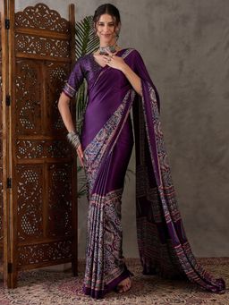Odette - Women Purple Silk Blend Printed Elegant Saree with Unstitched Blouse
