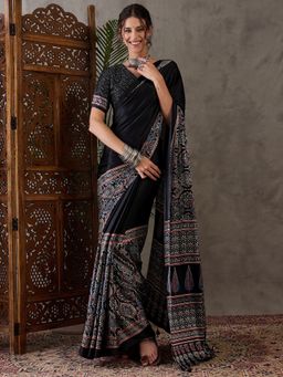 Odette - Women Black Silk Blend Printed Elegant Saree with Unstitched Blouse