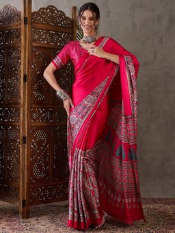Odette - Women Pink Silk Blend Printed Elegant Saree with Unstitched Blouse
