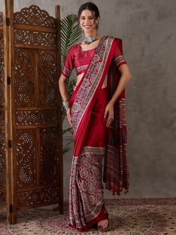 Odette - Women Maroon Silk Blend Printed Elegant Saree with Unstitched Blouse