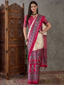 Odette - Women Cream Silk Blend Printed Elegant Saree with Unstitched Blouse