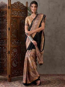 Odette - Women Black Silk Blend Printed Elegant Saree with Unstitched Blouse